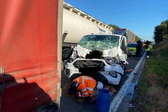 The crash happened on the southbound M6 between junction 26 and junction 25 at around 8.20am today (September 20), when the driver of a white van smashed into the back of a lorry that was waiting in stationary traffic