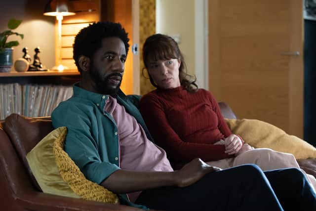Anna Maxwell Martin as Theresa with Rhashan Stone as her on-screen husband Fraser in Hollington Drive. Picture: ITV/WEST ROAD PICTURES