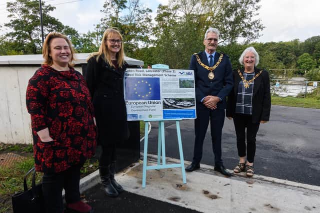 Lancaster Labour party leader Coun Erica Lewis and Lancaster MP Cat Smith with the Mayor and Mayoress of Lancaster, Mike and Margaret Greenall, at the official opening of the Lancaster flood defences scheme.