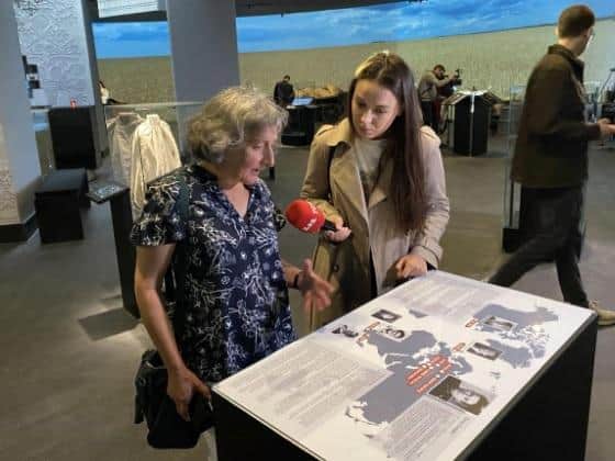 Ms Alison Marshall being interviewed at the exhibition opening at the National Holodomor Museum, Kyiv.