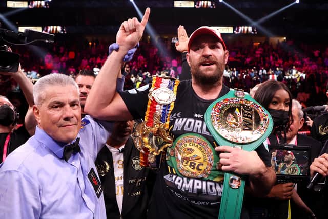 Morecambe ace Tyson Fury celebrates his 11th-round knockout win against Deontay Wilder after their WBC heavyweight title fight in Las Vegas (photo: Getty Images)