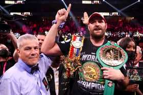 Tyson Fury celebrates victory against Deontay Wilder