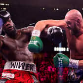 Tyson Fury goes on the attack against Deontay Wilder. Picture: Getty Images