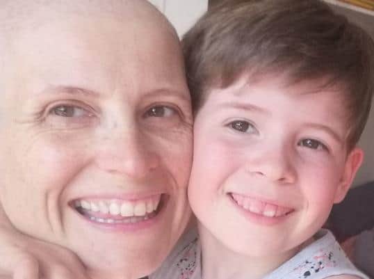 Jane Huddleston with her son Matthew after losing her hair.