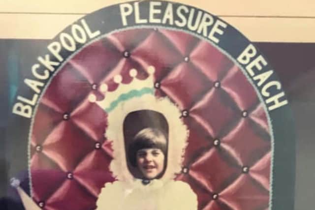 Holiday snap of Susan visiting Blackpool's Pleasure Beach as a child