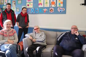 Lancaster peer support group meets every Monday from 11am until 12.30pm. Pictured from left are Billie Davis who set the group up, Stuart Walpole, Community Outreach Sight Loss advisor at Galloways, volunteer Katie Schad and group members Steve and Richard.
