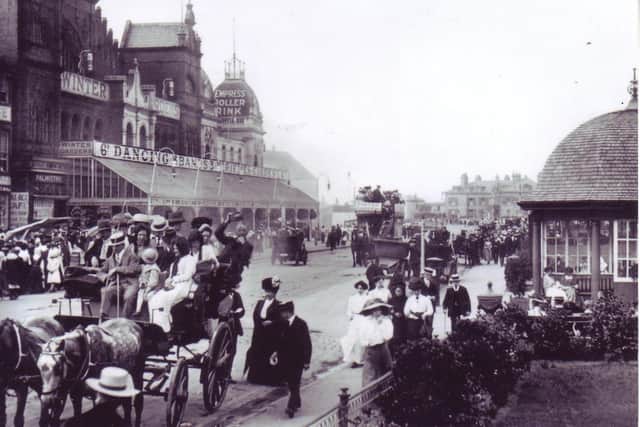 WINTER GARDENS: A scene on the bustling promenade near the theatre in 1910. The unveiling of the war memorial in Morecambe was preceded by a service in the Winter Gardens in 1921, 11 years after this photo was taken.