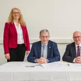 Vice-Chancellor of Lancaster University Professor Andy Schofield (seated left) and Chief Executive of Lancaster City Council Kieran Keane sign the Memorandum of Understanding at a ceremony this week. They are seen with the Leader of Lancaster City Council, Councillor Caroline Jackson (standing right), and Ms Sarah Rees, the Head of Stakeholder Relations at Lancaster University.