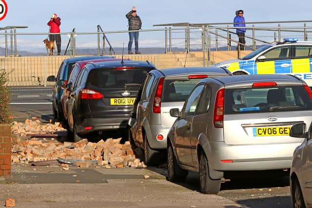 Cladding from The Sands care home fell onto cars parked below in Thornton Road, Morecambe. Photo by Tony North