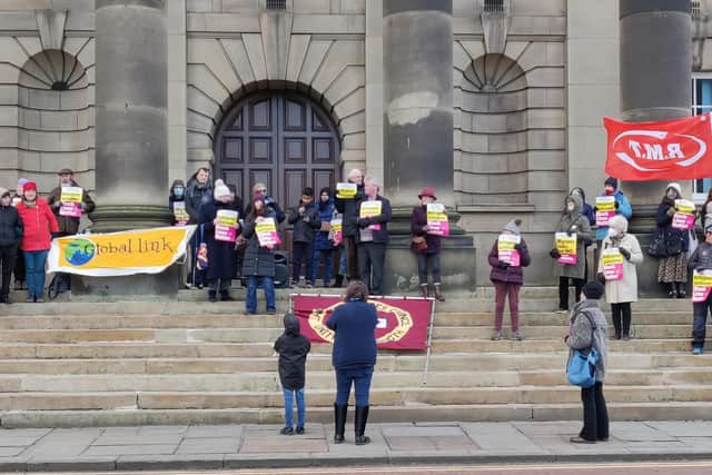 The protest at Lancaster Town Hall on Saturday.