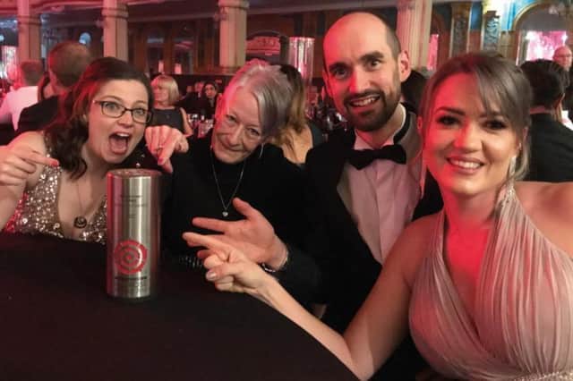 Carnforth Pharmacy team, (L-R) Jenny Lambert, Karen Cowan, Ben Fell, and Emily Fell, receiving their New Business Award at the Red Rose Awards 2021.