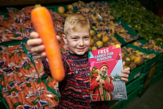 Pictures to show how Morrisons is giving away 10,000 wonky British carrots to customers who want to leave out refreshments for Father Christmas and his reindeer on Christmas Eve. The wonky carrots - which are oversized, misshapen and scarred, but still taste delicious - will be handed out in bags labelled 'Carrots for Rudolph' from the entrances of our 498 Morrisons stores across the UK from Wednesday December 22.