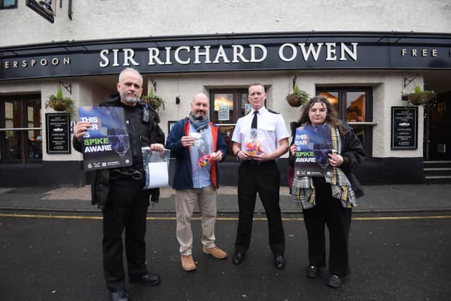 Operation Nightguardian in Lancaster is protecting pub and club goers from drink spiking. Pictured from left are PC Andrew Taylor, Tim Tomlinson from Lancaster Pub Watch, Superintendent Robert Shaw and Mary Woodhouse from the Sir Richard Owen pub.