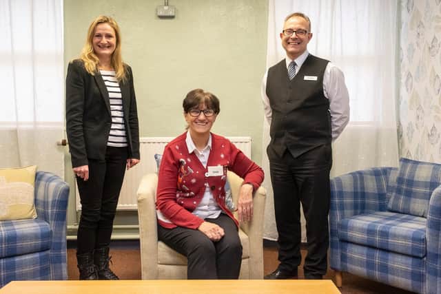 From left:Louise Lawrence-Flynn (Marketing manager, McCarthy and Stone), Denise Nardone (Barton Road Community Centre manager) and Andy Millard (Sales Consultant, McCarthy Stone) at Barton Road community centre in Lancaster. Picture by Mark Harvey.