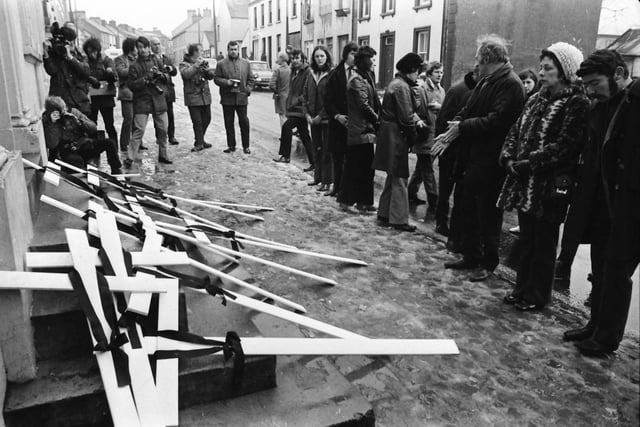 Thirteen crosses laid outside the RUC station in Dungiven in 1972 in protest at the killings.
