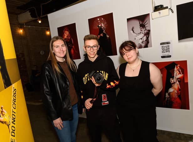 (l-r) Chloe Bradbury, Josephy Frankitt-Kennedy and Reanne Carilsle in front of some of their work at the HIVE exhibition. Photo: Kelvin Stuttard