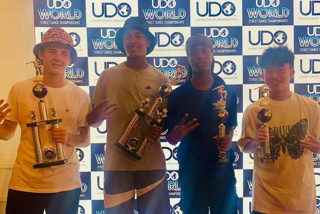Ethan Early, 15, Michael Omoruyi, 14 with their first place duo trophy. Dylan Dennis, 15 and Angelo Diamante, 17,  with their third place duo trophy from the UDO World Street Dance Championships at Blackpool Winter Gardens