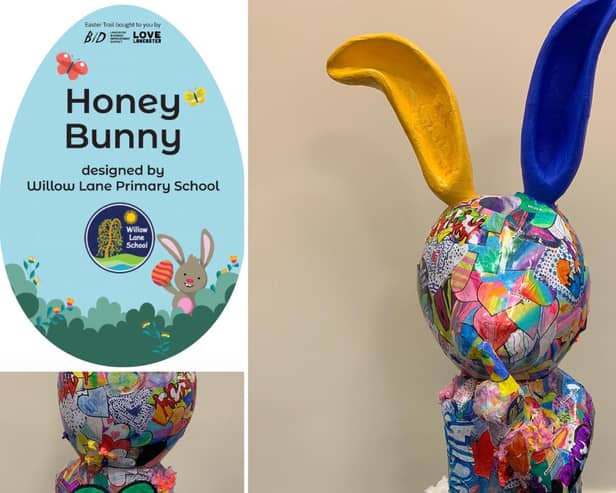 Honey Bunny has been decorated for the Lancaster BID Easter Bunny Trail and has been designed by the children of Willow Lane Community Primary School.
