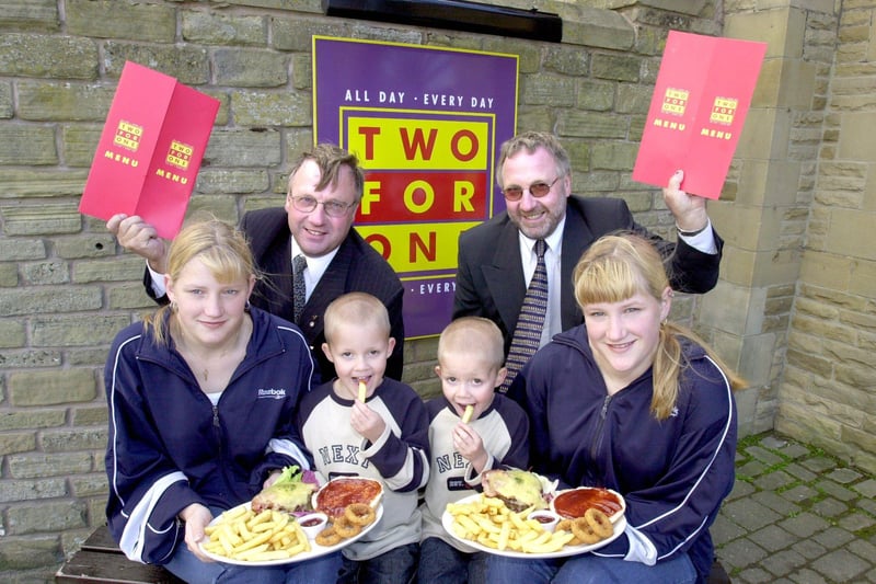 Promoting a Two For One meals offer at The Station pub in Morecambe are three sets of twins from Lancaster, Geoffrey and Terrence Till, Adam and Sam Davies and Natalie and Emma Low.
