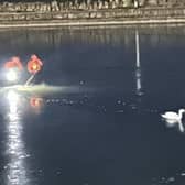 LFRS Lancashire firefighters rescued a trapped swan from a frozen lake