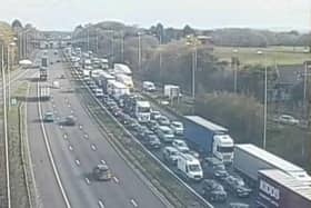 There are delays of around 1 hour after two separate incidents on the 12-mile stretch of motorway between junctions 27 and 23 this morning this morning (Wednesday, April 19) this morning (Wednesday, April 19)