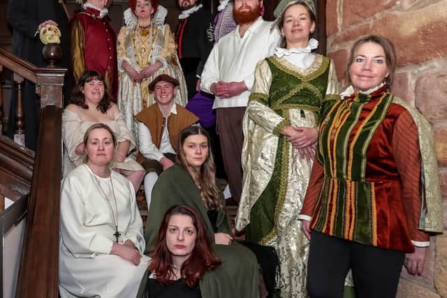 The cast of Lancaster Footlights upcoming production of Blackadder II in costume at Thurnham Hall.