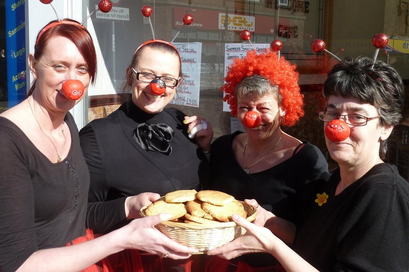 Comic Relief fundraisers, from left, Sharon Taylor, Cheryl Richards, Elaine Oldfield and Cath Evans, from The Welcome Cafe in Morecambe's Arndale Centre. The women made biscuits and sold them to raise funds.