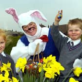 Easter Bunny Egg hunt at King Edward VII and Queen Mary Infant School, Lytham. Pictured are Oscar O'Neil, four, and Alanis-Sky Parkinson, five, with the Easter Bunny -headmistress Meg Hargreaves