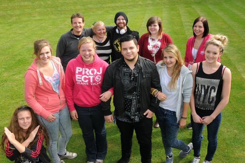 X Factor star Paul Akister with students Rachel Carter, Rachel Camp, Emma Jewell, Chelsea Garnett and Connie Hodgson at Lancaster and Morecambe College where he was supporting the annual Student Festival.