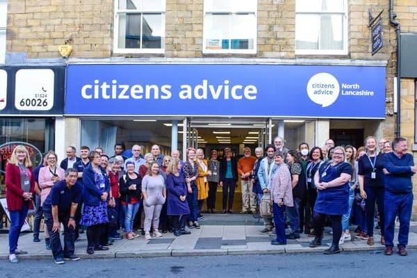 The Citizens Advice team with community partners outside the new office on George street in Lancaster.