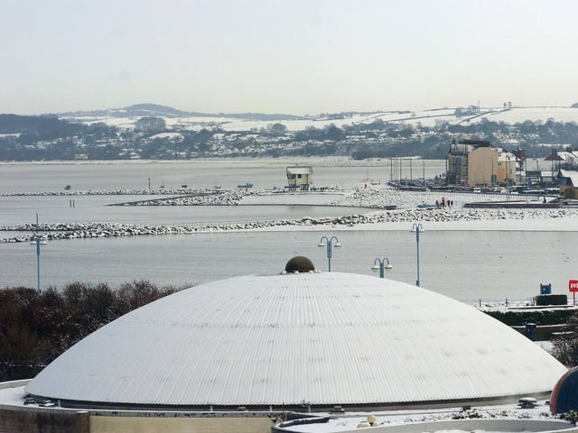Snow on Morecambe promenade taken from the roof terrace of The Midland in 2009. The photo shows The Dome which closed the year after.