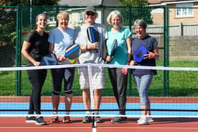 From left: Lauren Hall, Susan Lucas, Nick Tinsdeall, Sharon Phillips and Fiona Galloway ready to play Pickleball at Lancaster Tennis Club. Photo: Kelvin Stuttard