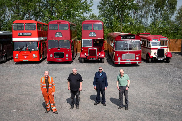 The Ribble Vehicle Preservation Group based in Freckleton. From left: 1481 Leyland Atlantean which operated from 1980; 1775 Leyland Titan PD3 which operated from 1962; to 1982; 1467 Leyland Titan PD2 which operated from 1956 to approximately 1973; 338 Bristol RE which operated from 1971 to 1990 and Leyland Cheetah which operated as a coach from 1936 to 1951.