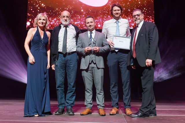 From left: Sian Lloyd, broadcaster and host of the awards; Coun Kevin Frea, cabinet member with responsibility for climate action; Elliot Grimshaw, project lead; Robert Boschi, climate change project manager, and Simon West-Oliver, director at category sponsor Assetworks LLC.
