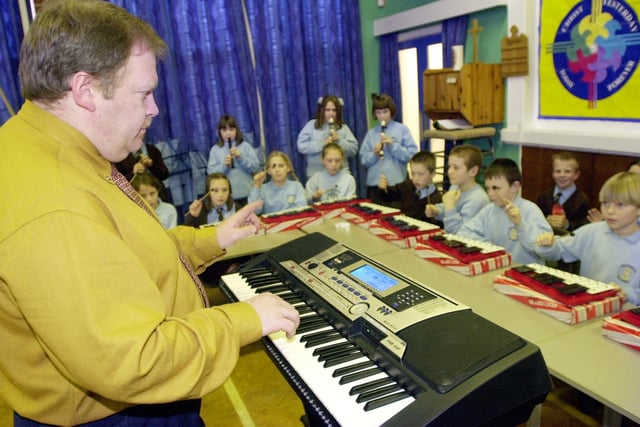 Freckleton School have been holding weekly music workshop sessions with Ian Gray of Lancashire Music services. Pictured is Ian with some of the pupils