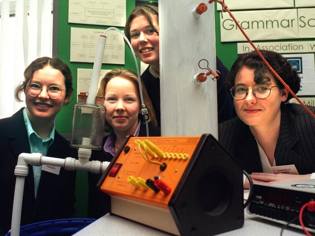 Pupils from Lancaster Girls Grammar School (from left) Clare Fawcett, Catherine Street, Jen Rees and Gabrielle Quinn with their invention which detects and locates oil cooler tube leaks, which went on show at Heysham Power Station.