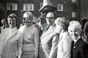 Eric Morecambe playing the fool at the opening of Cartmel Day Centre. This picture was loaned to us by Jennifer Mortimer, far right.