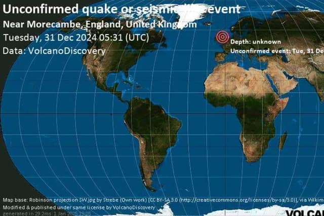 A map pinpointing the epicentre of the 'seismic' event near Morecambe and Lancaster.