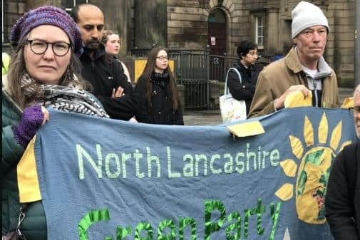 Greens have been present at every weekly protest in Lancaster since October - City Councillor Sam Riches is far left.