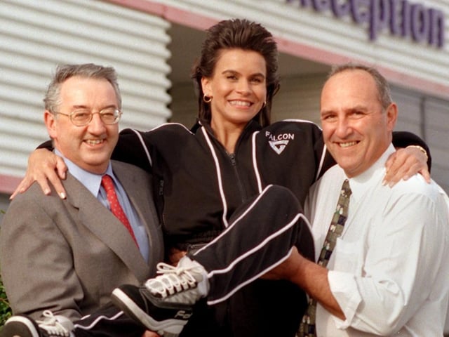 TV Gladiator Falcon Bernadette Hunt gets a lift from station director John Calnan (left) and Colin Cheney, safety culture engineer, during her visit to Heysham 2 power station.