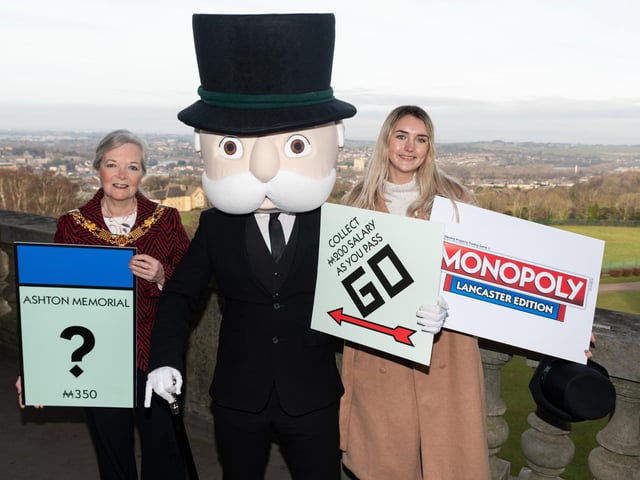 The Mayor of Lancaster Coun Joyce Pritchard with Mr Monopoly and Ella Gibbs, Game Maker, Winning Moves, at the launch event of Lancaster's version of Monopoly.