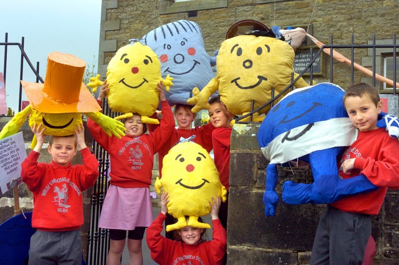 Wray Endowed Primary School youngsters, Joel Smith aged 8, Anna Wallbank (7), Mary Perrins (9), Lois Preece (9), Ben Wallbank (9) and John Staveley (9) show off their fantastic Mr Men characters at the festival in 2005.