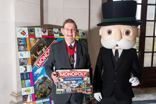 The Mayor of Lancaster Roger Dennison with Mr Monopoly at the official launch of the Lancaster-themed Monopoly board game.