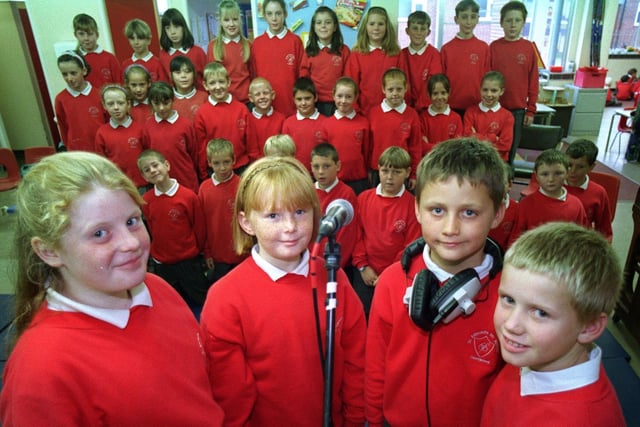Children at St Edmunds School, Fleetwood, recording a cassette for a school project. Pictured (from left): Charlotte Harding. Natalie Busehini, David Scott, Sam Robinson, with fellow classmates