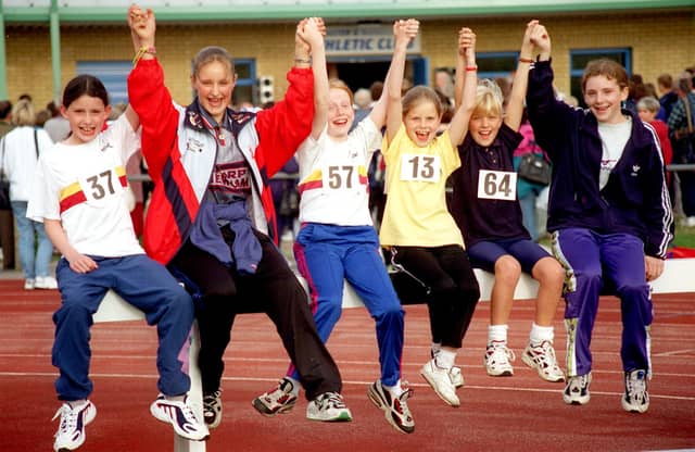 Young athletes celebrate the opening of the new Lancaster and Morecambe Athletics Club club house at Salt Ayre Leisure Centre.