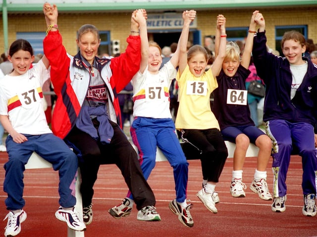 Young athletes celebrate the opening of the new Lancaster and Morecambe Athletics Club club house at Salt Ayre Leisure Centre.