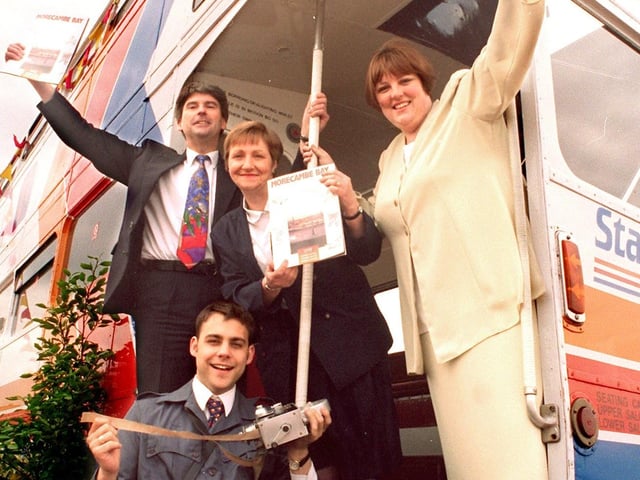 From left, head of tourism services David Christley,  public relations officer Stephen Parkinson, supervisor Barbara Burton and operations manager for Stagecoach (Lancaster) Michelle Hargreaves launching the new temporary Morecambe Tourist Information Centre, onboard a double decker bus on Morecambe's promenade.