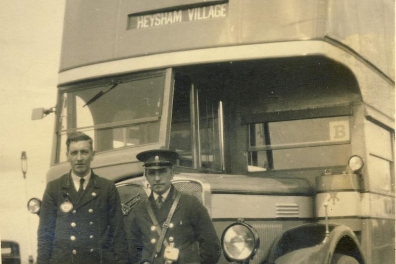 Alan Cook and Tommy Jarman with one of the old Morecambe Corporation buses on which they worked as driver and conductor. The old livery was green and cream. Thanks to Peter Cook for the photo.