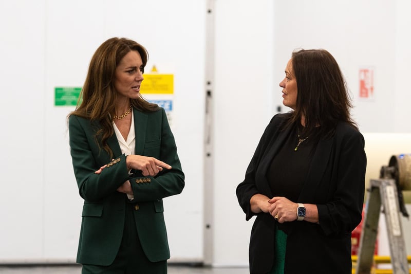 Catherine, Princess of Wales speaks with Emma Douglas, creative and commercial director of manufacturing.