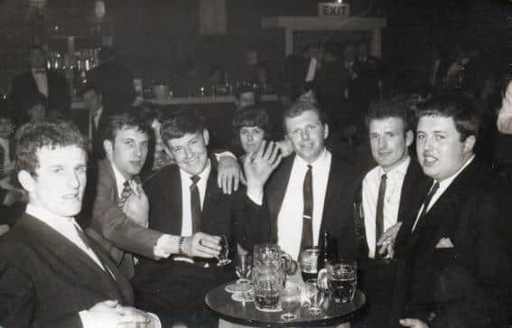Nodder is pictured in a Bolton nightclub following a 6-2 defeat at the hands of Eagley Mills in the Lancashire Junior Shield. From left: Dave Carney, Tony Riley, Arnold Smith, Charlie Timperley, Nodder Muckalt & manager Michael “Spike” Wynn.